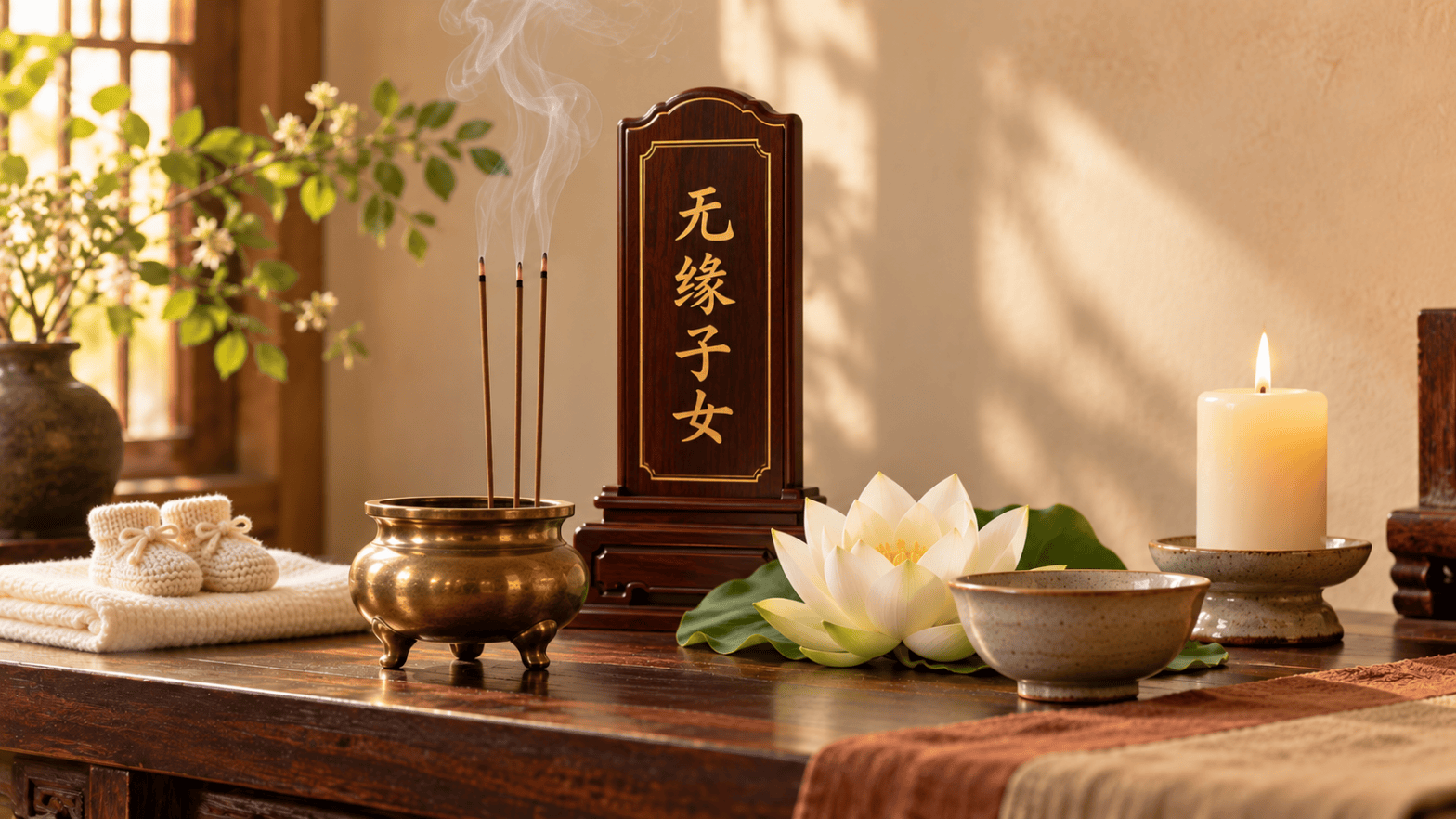 Memorial tablet inscribed 无缘子女, incense, white lotus, candle and baby booties