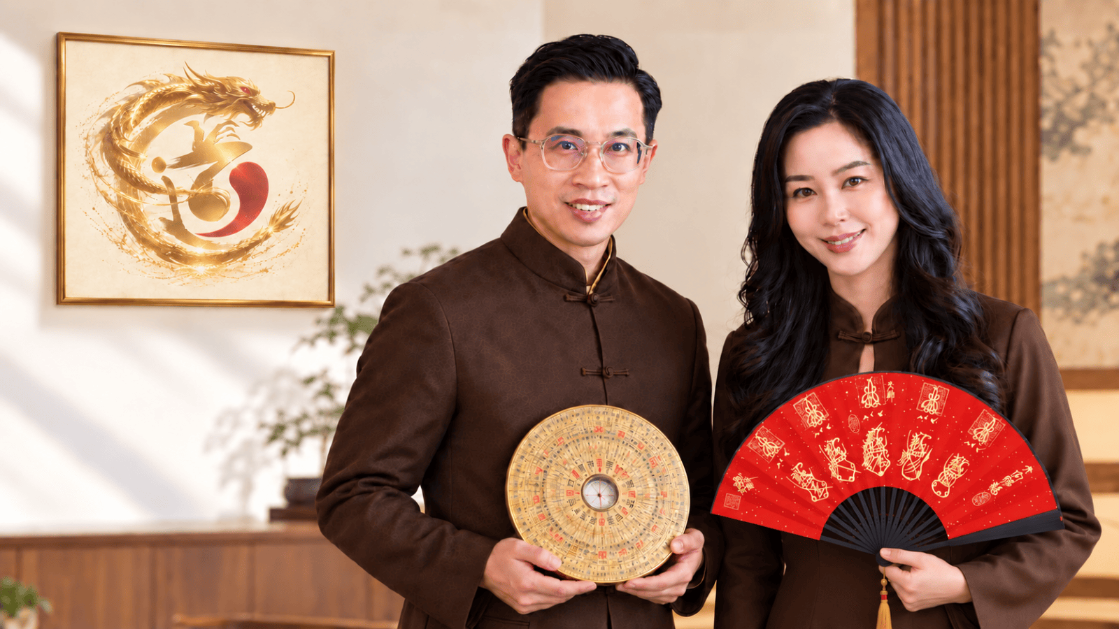 通道法师手持金色罗盘,通真法师手持红色道教法扇